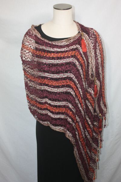 Woven Shades of Burgundy, Orange, Cream Vest/Poncho/Scarf with Tassel Accents