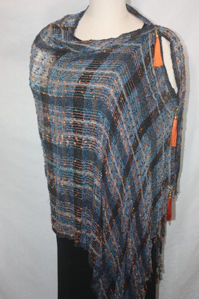 Woven Shades of Blue, Orange, Black Vest/Poncho/Scarf with Tassel Accents