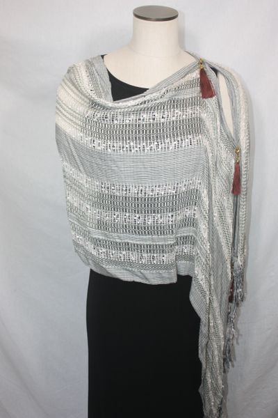 Woven Shades of Cream, Black, Brown Vest/Poncho/Scarf with Tassel Accents