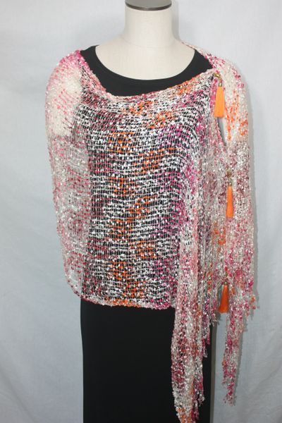 Woven Shades of White, Orange, Pink, Magenta Vest/Poncho/Scarf with Tassel Accents