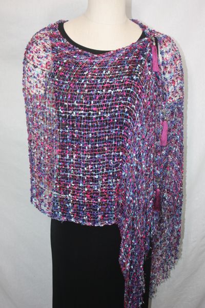 Woven Shades of Purple, Magenta, Blue, Burgundy Vest/Poncho/Scarf with Tassel Accents