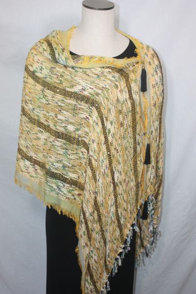 Woven Shades of Yellow, Black, Green, Blue, Purple Vest/Poncho/Scarf with Tassel Accents