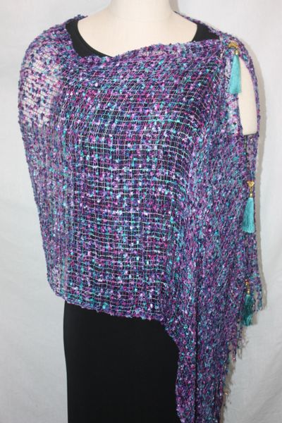 Woven Shades Purple, Blue, Turquoise, Magenta Vest/Poncho/Scarf with Tassel Accents