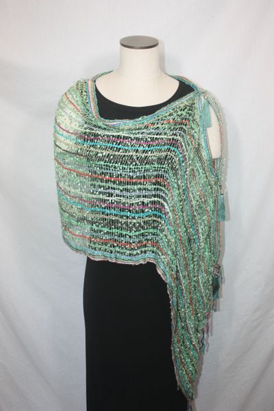 Woven Shades of Mint Green Striped with Red, Brown, Green, Brown Vest/Poncho/Scarf with Tassel Accents