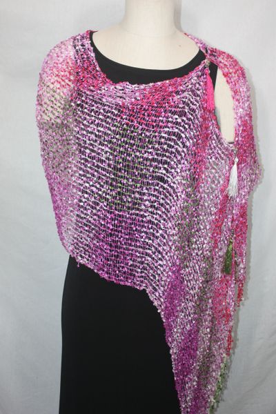 Woven Shades of Magenta, Olive Green, Pink Vest/Poncho/Scarf with Tassel Accents