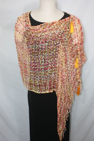 Woven Shades of Yellow, White, Orange, Pink Vest/Poncho/Scarf with Tassel Accents