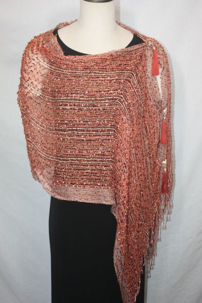 Woven Shades of Burnt Orange Vest/Poncho/Scarf with Tassel Accents