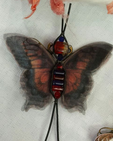 Blueish Black, Red Pin/Pendant Hand Designed Silk Organza with Leather Bead Ladderwrapped Body