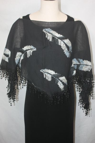 Black Feather Embroidered Fabric Poncho