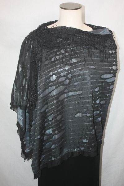 Black Distressed Fabric with Venetian Lace Collar Poncho