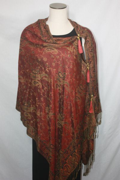 Pashmina Poncho - Red, Brown and Gold Paisley Pattern