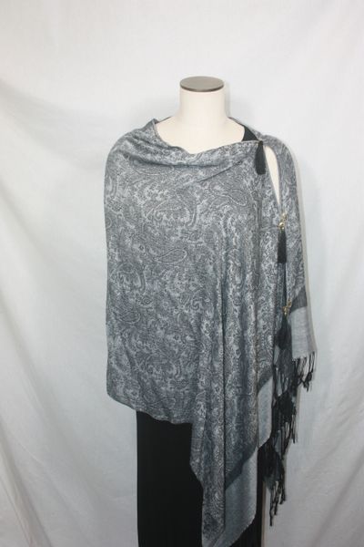 Pashmina Poncho - Gray Silver and Black Silk Paisley Pattern