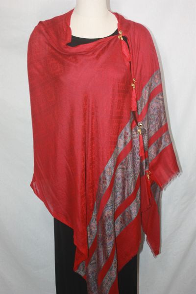 Pashmina Poncho - Red with Stripes Silk