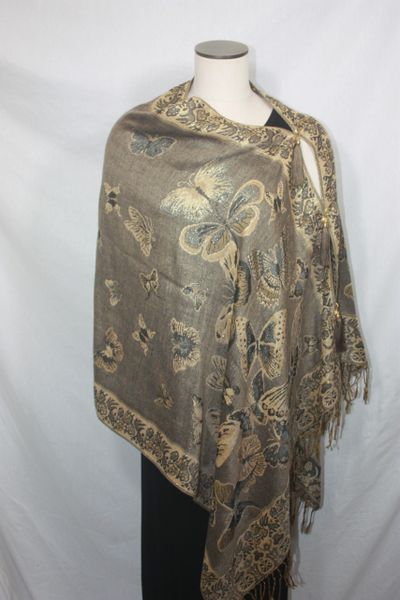 Pashmina Poncho - Light Brown and Gold Butterfly Pattern