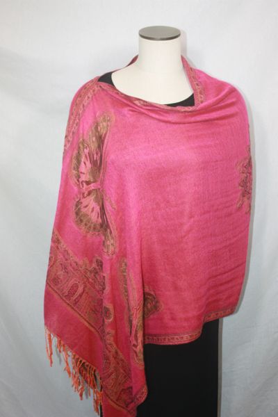 Pashmina Poncho - Magenta and Gold Butterfly Pattern