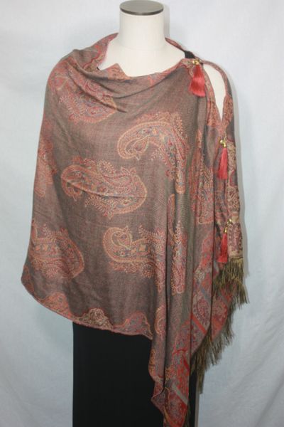 Pashmina Poncho - Brown and Tomato Red Paisley Pattern