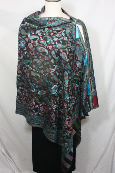 Pashmina Poncho - Black and Aqua Paisley Pattern Silk Modal