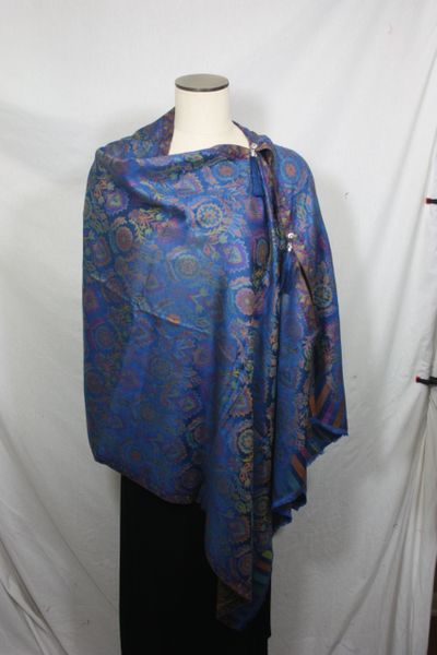 Pashmina Poncho -Royal Blue and Multi-Color Paisley Pattern Silk Modal