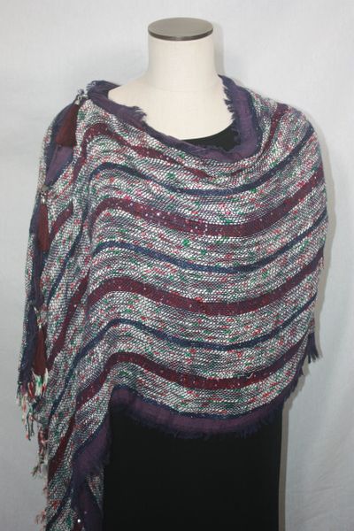 Woven Shades of Eggplant Purple and Burgundy Vest/Poncho/Scarf with Tassel Accents