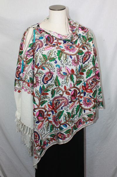 White, Red, Brown, Blue and Green Heavy Embroidered Kashmiri 100% wool 4 Way Ponchos Pashminas with Tassel Accents