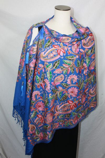 Royal Blue, Pink, Red and Green Heavy Embroidered Kashmiri 100% wool 4 Way Ponchos Pashminas with Tassel Accents