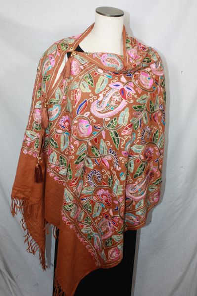 Coppery Brown, Pink, Red, Blue and Green Heavy Embroidered Kashmiri 100% wool 4 Way Ponchos Pashminas with Tassel Accents
