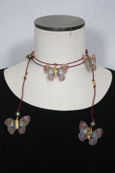 Red Leather Lariat Necklace with Green Freshwater Pearl and Silk Organza Butterfly
