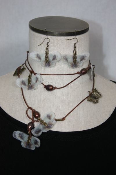 Brown Leather Lariat Necklace with Brown Freshwater Pearl and Silk Organza Butterfly