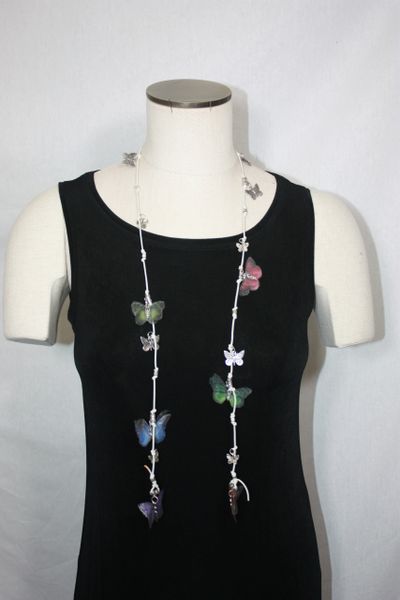 White Leather Lariat Necklace with Sliver Charms and Silk Organza Butterfly