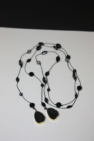 Black Leather Lariat Necklace with Stone, Crystal and Druzy