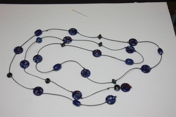 Black Leather Lariat Necklace with Blue Mottled Ceramic