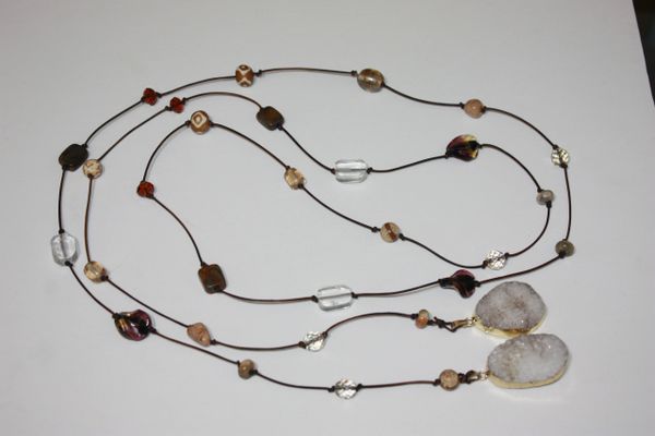 Brown Leather Lariat Necklace with Stone, Lampwork Glass and Druzy