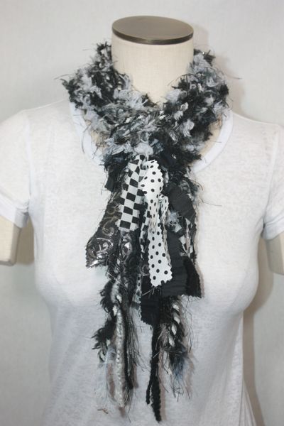 Black and White Yarn Pigtail Scarf with Fabric Embellishment