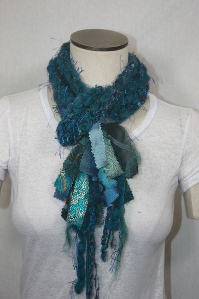 Teal Yarn Pigtail Scarf with Fabric Embellishment