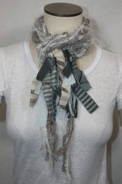 Gray, Light Brown and White Yarn Pigtail Scarf with Fabric Embellishment