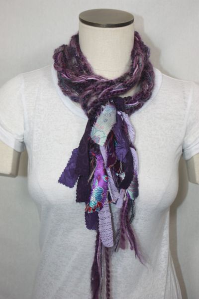Purple Yarn Pigtail Scarf with Fabric Embellishment