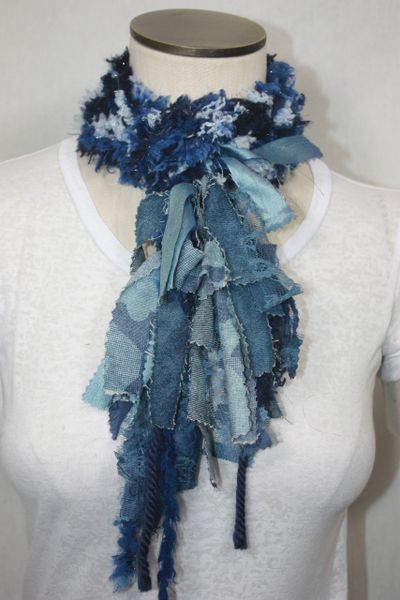 Blue Denim Yarn Pigtail Scarf with Fabric Embellishment