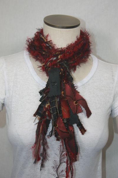 Burgundy and Black Yarn Pigtail Scarf with Fabric Embellishment