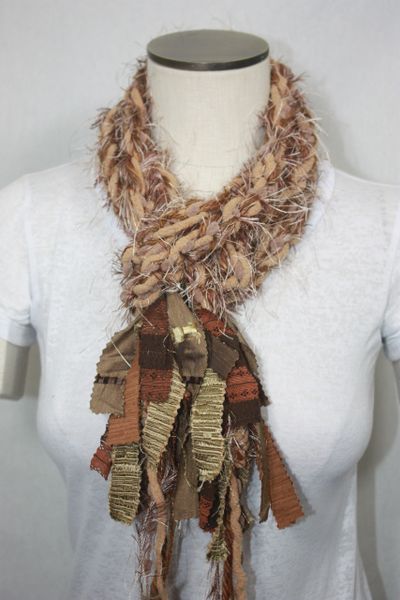 Light Brown and Tan Yarn Pigtail Scarf with Fabric Embellishment