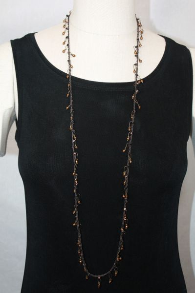 Long Black Irish Linen Crocheted Lariat with Hand-Wired Bronze Beads