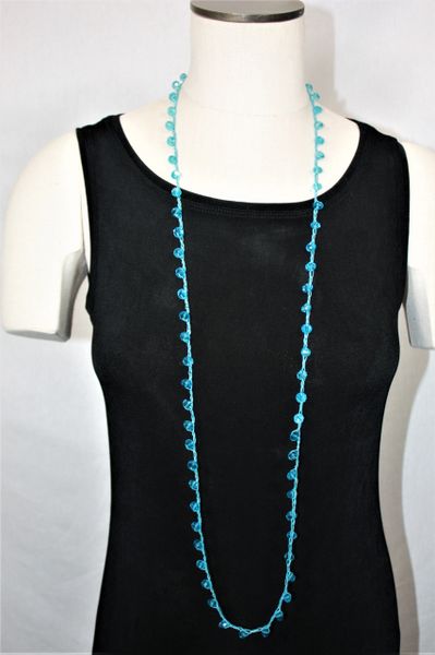 Long Turquoise Irish Linen Crocheted Lariat with Turquoise Crystals Beads