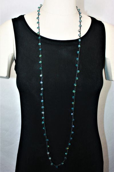 Long Black Irish Linen Crocheted Lariat with Blue Green Iridescent Crystals Beads