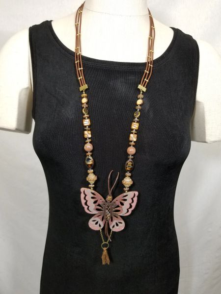 Leather, Czech Beads, Hand-Painted Butterfly Necklace with a Tassel - Multi -wear