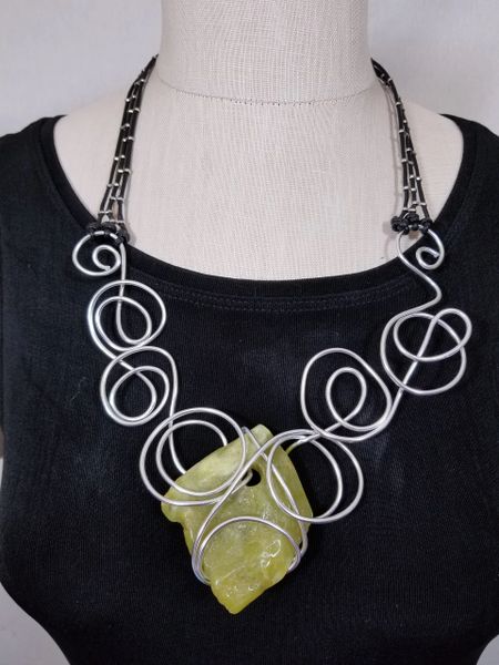 Aluminum Swirls, Leather and Light Green Rough Cut Stone Necklace
