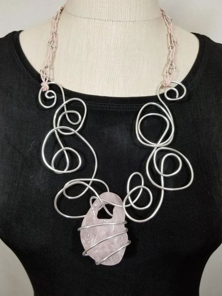 Aluminum Swirls, Leather and Light Pink Rough Cut Stone Necklace