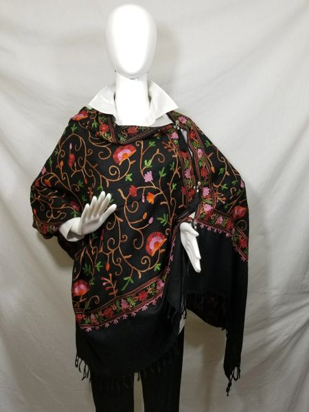 Black, Red and Green Medium Embroidered Kashmir 100% Wool 4 Way Ponchos Pashminas with Tassel Accent
