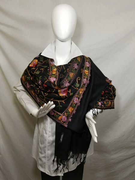 Black, Lilac and Green Medium Embroidered Kashmir 100% Wool 4 Way Ponchos Pashminas with Tassel Accent