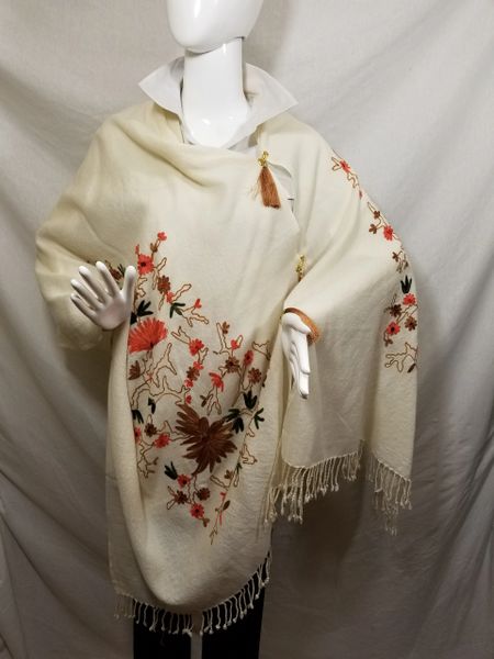 Ivory Embroidered Kashmir 100% Wool 4 Way Ponchos Pashmina Scarf with Tassel Accent