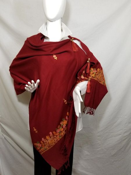 Red & Gold Embroidered Kashmir 100% Wool 4 Way Ponchos Pashmina Scarf with Tassel Accent