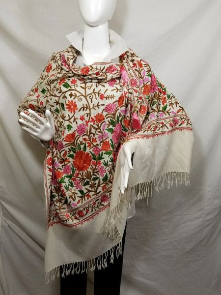 Cream Embroidered Kashmir 100% Wool 4 Way Ponchos Pashmina Scarf with Tassel Accent